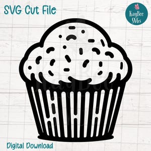 May include: Black and white SVG cut file of a cupcake. The cupcake has a fluffy top with sprinkles and a striped paper liner. The words "SVG Cut File" and "Digital Download" are at the top and bottom of the image.