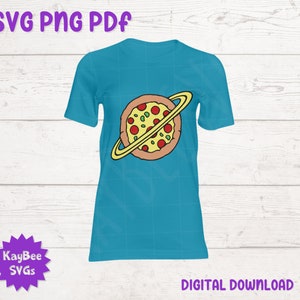 a blue shirt with a picture of a pizza on it