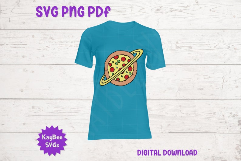 a blue shirt with a picture of a pizza on it