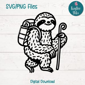 Archivos de corte SVG PNG de perezoso de senderismo para Cricut, descarga digital de Silhouette, grabado láser, impresión por sublimación, imágenes prediseñadas de uso comercial
