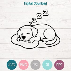 Może przedstawiać: Czarno-biały rysunek linii śpiącego szczeniaka na poduszce, z symbolami "Z" nad jego głową. U góry widnieje napis "Digital Download". Poniżej znajdują się ikony SVG, PNG, EPS, AI i PDF.