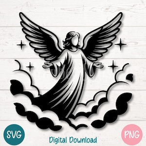 Ángel SVG PNG con alas extendidas y nubes para Cricut, Silhouette, sublimación, grabado láser y arte espiritual conmemorativo.