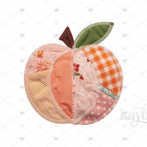 May include: A patchwork apple design with various fabric patterns and colors. The apple features sections of orange gingham, floral prints, and polka dots, with a green leaf and a brown stem. The design is stitched together with a white thread.