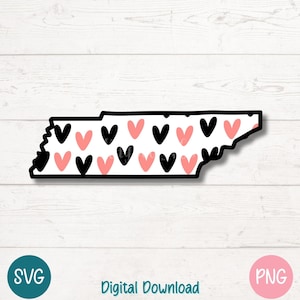 May include: A black outline of the state of Tennessee, filled with alternating black and pink hearts. The words "Digital Download" are below the image, with "SVG" and "PNG" icons on either side.