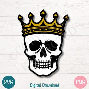Skull with Crown SVG PNG, Gothic King Skeleton Clipart, Halloween Tattoo-Style Royalty Cut File for Cricut, Silhouette, Sublimation, Laser