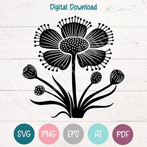 May include: Black and white floral design with the text "Digital Download". The image features a stylized flower with a large central bloom and several smaller buds. The design is set against a white wood grain background.