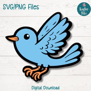 Pájaro azul de dibujos animados SVG PNG, pájaro caprichoso, clipart para la naturaleza y manualidades infantiles / Archivo de corte para Cricut, silueta, grabado láser, sublimación