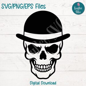 Schädel in Bowler Hut SVG PNG Gentleman Skeleton Clipart für Halloween Crafts | Schneidedatei für Cricut, Silhouette, Lasergravur, Sublimation