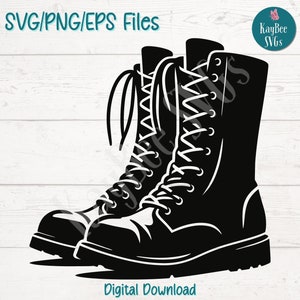 May include: Black and white silhouette of a pair of lace-up boots with a thick sole. The boots are angled slightly to the side. The text "SVG/PNG/EPS Files" and "Digital Download" are visible at the top and bottom of the image.