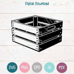 Può includere: Illustrazione in bianco e nero di una cassa di legno con tre sezioni impilate. La cassa ha una forma rettangolare con una maniglia ritagliata su un lato. Il testo "Digital Download" è in alto.