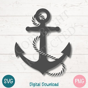 Ancre nautique avec corde SVG PNG, symbole maritime classique, voile et clipart sur le thème de l'océan pour sublimation | Fichiers de découpe pour Cricut, laser