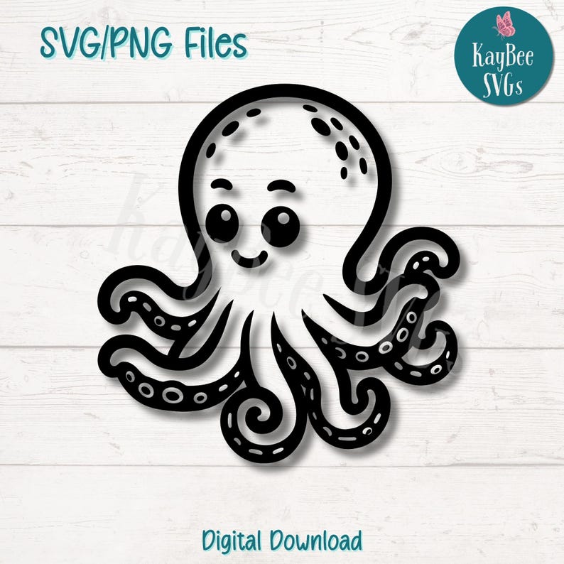 Cartoon Octopus SVG PNG Cut Files for Cricut, Silhouette Digital Download, Laser Engraving, Sublimation Printable, Commercial Use Clipart image 2