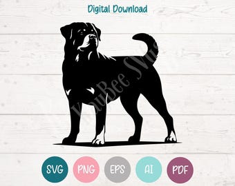May include: Black Rottweiler dog silhouette digital download. The image features a Rottweiler in a standing pose, with a curled tail. The image includes the text "Digital Download" at the top and various file type icons at the bottom.