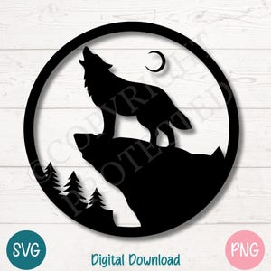 Loup hurlant sur la falaise PNG SVG, Clipart Silhouette de la faune, scène de lune loup solitaire | Fichiers de découpe pour Cricut, sublimation, gravure laser, impression