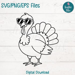 Archivos de corte SVG PNG de pavo de dibujos animados / Gráfico de gafas de sol para Cricut y grabado láser / Descarga digital, clipart imprimible, arte de sublimación
