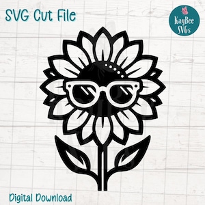 Girasol con gafas de sol (archivos SVG y PNG) para Cricut, Silhouette, descarga digital, grabado láser, impresión por sublimación y uso comercial.