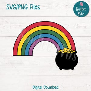 May include: A rainbow with a pot of gold at the end. The rainbow is made up of red, orange, yellow, green, blue, indigo, and violet. The pot of gold is black with a gold rim and is filled with gold coins.