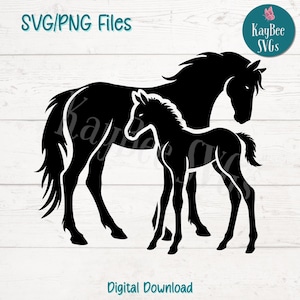 Paard merrie en veulen SVG PNG-bestanden knippen voor Cricut silhouet digitale download, lasergravure, afdrukbare sublimatie, commercieel gebruik clipart