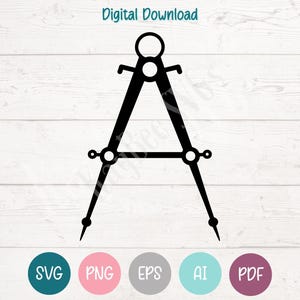 May include: Black compass illustration with a circular top and pointed ends, set against a white wood grain background. The words "Digital Download" are at the top. Below are colored circles with file type abbreviations: SVG, PNG, EPS, AI, and PDF.