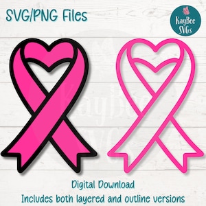 Arquivos de corte SVG/PNG de fita de câncer de mama em formato de coração para Cricut, Silhouette, download digital, clipart para impressão, arte de uso comercial