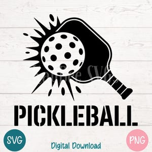May include: Black and white graphic design of a pickleball paddle and ball with the word "PICKLEBALL" in bold black letters.