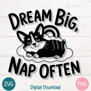 Corgi SVG PNG che dorme su una nuvola con arcobaleno, citazione di un cane carino, file di taglio per Cricut, silhouette, stampabile a sublimazione.