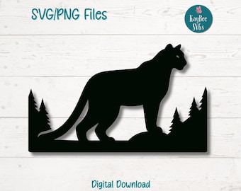 May include: Black silhouette of a cougar standing in a forest with trees behind it.  SVG/PNG Files. Digital Download.