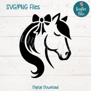 Cheval coquette avec noeud SVG PNG Joli clipart équestre pour filles et travaux manuels de la ferme | Fichier de découpe pour Cricut, Silhouette, gravure laser