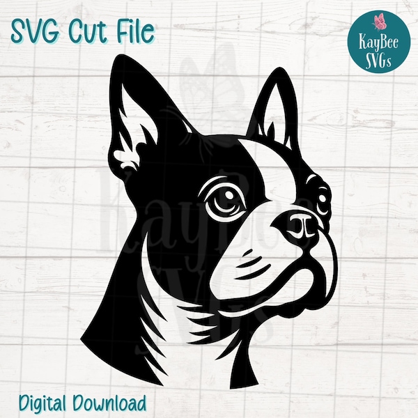 Boston Terrier Dog SVG Cut File for Cricut, Silhouette, Digital Download, Printable Clipart, Commercial Use, Clip Art, Laser Stencil Outline