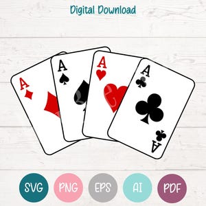 May include: Four playing cards, each an Ace, are displayed against a white background. The suits are red diamonds, black spades, red hearts, and black clubs. The words "Digital Download" are at the top. Below are SVG, PNG, EPS, AI, and PDF icons.
