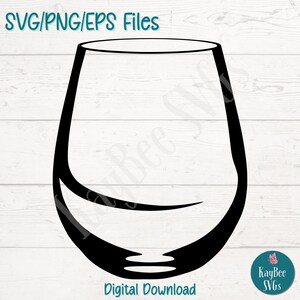 May include: Black and white outline of a wine glass on a white wood background. The text "SVG/PNG/EPS Files" and "Digital Download" are also visible.