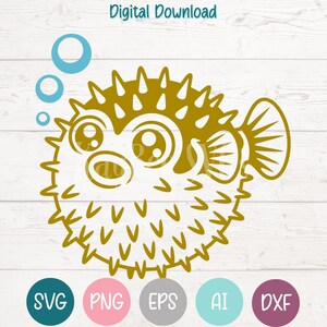 May include: A digital download graphic featuring a cartoon pufferfish in shades of gold. The pufferfish has large, expressive eyes, spikes, and fins. Above the pufferfish are three blue bubbles. The words "Digital Download" are at the top.