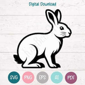 Puede incluir: Ilustración en blanco y negro de un conejo sentado. El conejo tiene orejas largas y una cola esponjosa. La imagen incluye el texto "Descarga digital" en la parte superior y varios iconos de tipo de archivo en la parte inferior, incluidos SVG, PNG, EPS, AI y PDF.