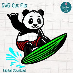 Arquivos de corte SVG PNG do Panda Surfista para Cricut, download digital da Silhouette, gravação a laser, impressão por sublimação, clipart para uso comercial