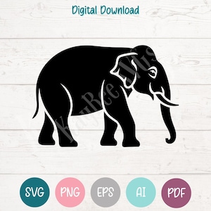May include: A black elephant silhouette with white detailing, including tusks and ear outlines. The image is labelled "Digital Download". Below the elephant are icons for SVG, PNG, EPS, AI, and PDF file formats.