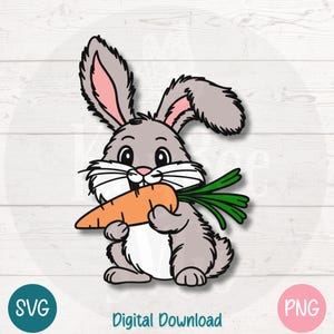 Lapin mignon SVG PNG, lapin tenant des cliparts carottes, téléchargement numérique de lapin de Pâques | Fichiers de découpe pour Cricut, Silhouette, Sublimation, Laser