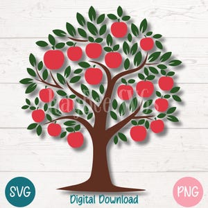 Albero di mele SVG PNG Albero completo con mele rosse per artigianato agricolo e decorazioni autunnali / File di taglio per Cricut, Silhouette, incisione laser, stampabile