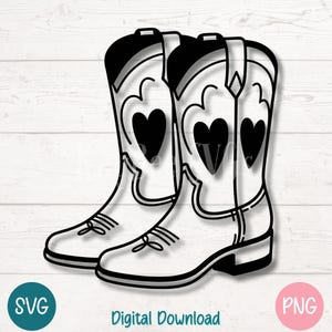 Botas de vaquera SVG PNG, botas de corazón estilo western, arte lineal para Cricut, silueta, sublimación, clipart de chica de campo de rodeo de San Valentín, grabado láser