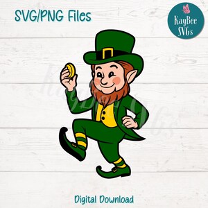 May include: A cartoon illustration of a leprechaun wearing a green hat and holding a gold coin. He is wearing a green vest and green trousers with yellow stripes. The background is a wood grain pattern.