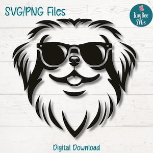 Pekinese Hund mit Sonnenbrille SVG PNG Schnittdateien für Cricut, Silhouette digitaler Download, Lasergravur, Sublimation druckbar, kommerziell