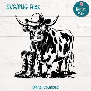 Cowboy Highland Cow SVG PNG-bestanden knippen voor Cricut silhouet digitale download, lasergravure, afdrukbare sublimatie, commercieel gebruik clipart
