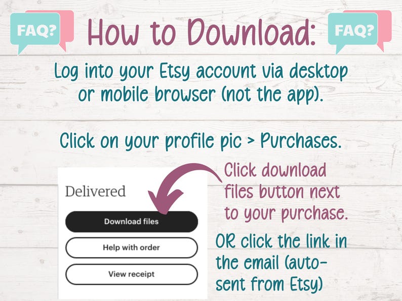 May include: A digital guide on how to download files from Etsy. The image includes instructions with text and graphics. The text reads "How to Download" and provides steps for downloading files after purchase, including clicking the "Download files" button.