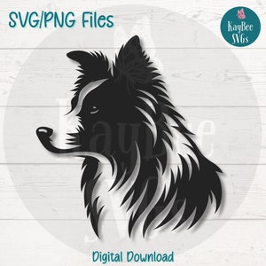 May include: Black and white silhouette of a Border Collie dog's head, facing left. The dog's fur is stylized with a layered, flowing design.  SVG/PNG Files. Digital Download.
