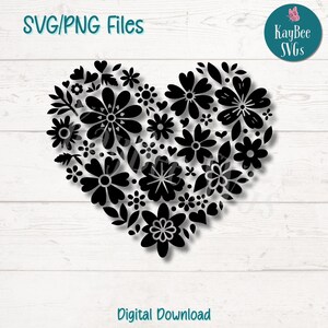 Archivos de corte SVG PNG de corazón floral para Cricut, descarga digital de Silhouette, grabado láser, impresión por sublimación, imágenes prediseñadas de uso comercial