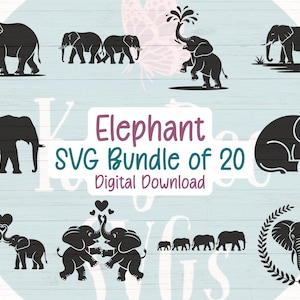 May include: A collection of black elephant silhouettes in various poses, including families, playful elephants, and elephants with hearts. The text "Elephant SVG Bundle of 20 Digital Download" is also present.