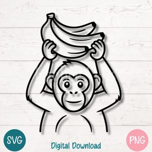Singe tenant des bananes SVG PNG, Clipart animaux de la jungle pour Cricut, Silhouette, Sublimation, singe banane drôle imprimable, gravure laser