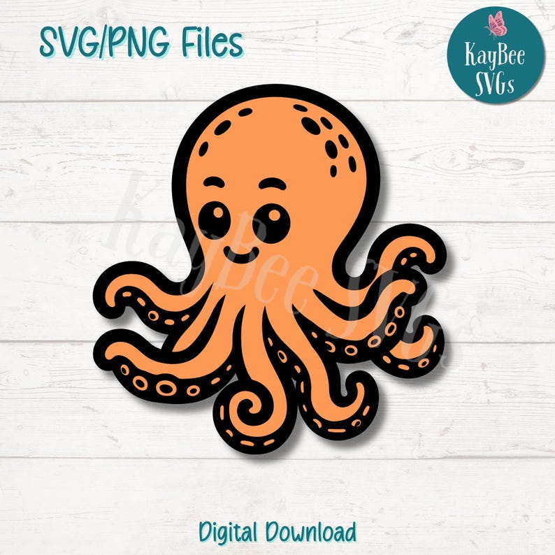 A cheerful orange cartoon octopus with a smiling face and playful tentacles, designed in a cute and whimsical style.