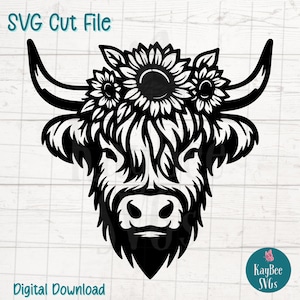 Arquivo de corte SVG de vaca das Terras Altas com coroa de girassol para Cricut, Silhouette, download digital de clipart para impressão, clipart para uso comercial, laser