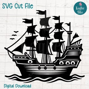 Bateau pirate SVG PNG Clipart nautique pour fête de pirate et travaux d'aventure | Fichier de découpe pour Cricut, Silhouette, gravure laser, sublimation