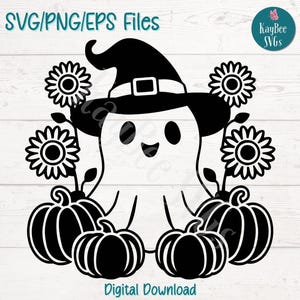 Archivos de corte SVG/PNG/EPS de fantasma con sombrero de bruja para Cricut, Silhouette, descarga digital, imágenes prediseñadas imprimibles, imágenes prediseñadas de sublimación para uso comercial